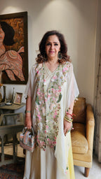 Beautiful Lemon Satin Hand Embroidered Dress With Pure Organza Cape