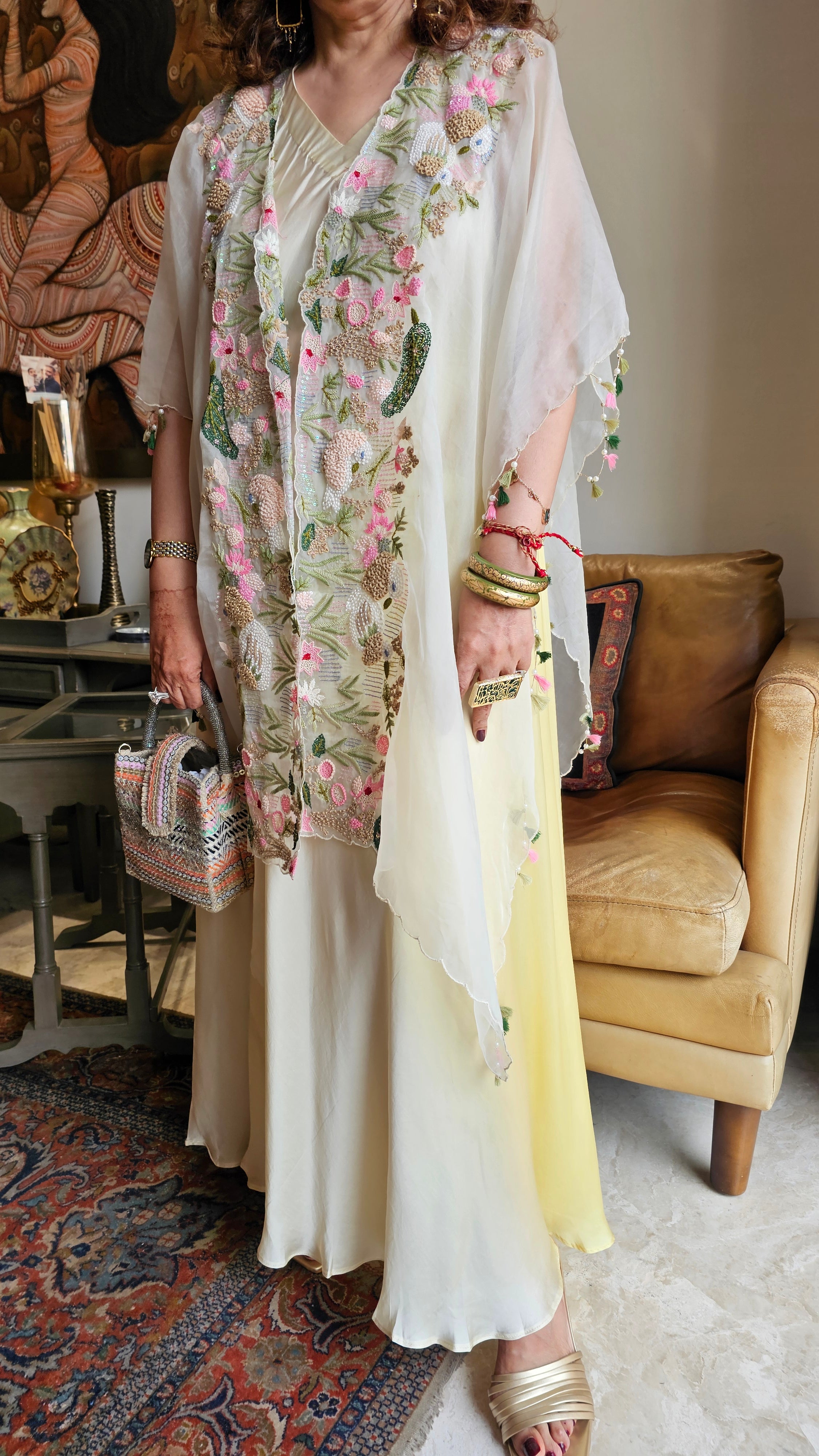 Beautiful Lemon Satin Hand Embroidered Dress With Pure Organza Cape