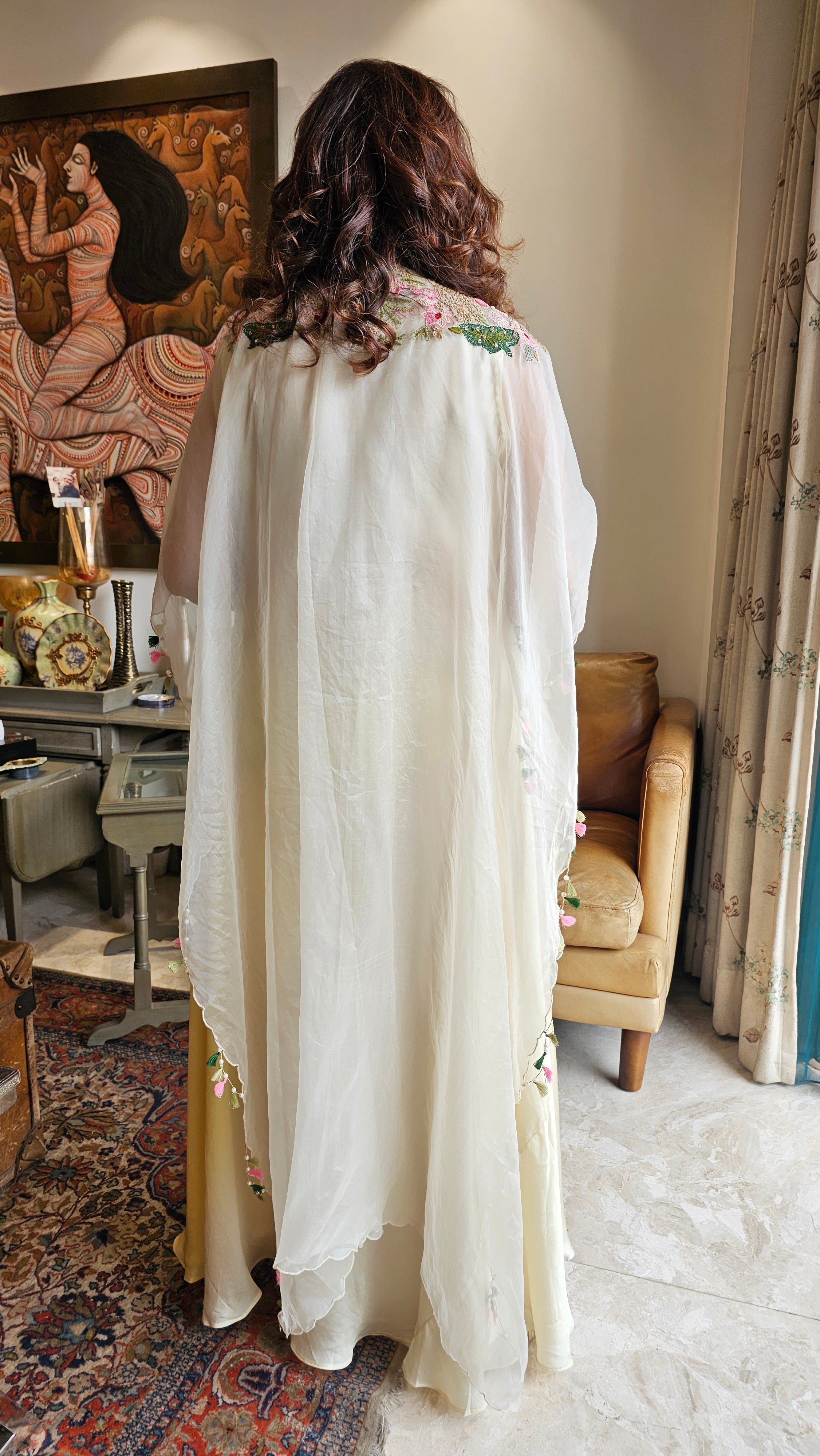 Beautiful Lemon Satin Hand Embroidered Dress With Pure Organza Cape