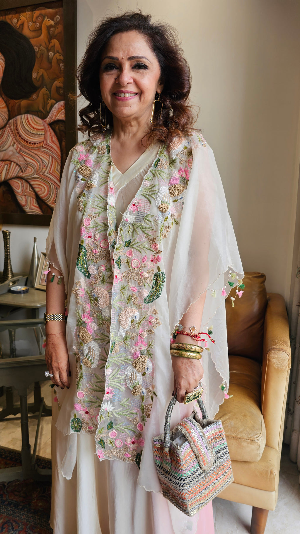 Beautiful Blush Pink Satin Hand Embroidered Dress With Pure Organza Cape