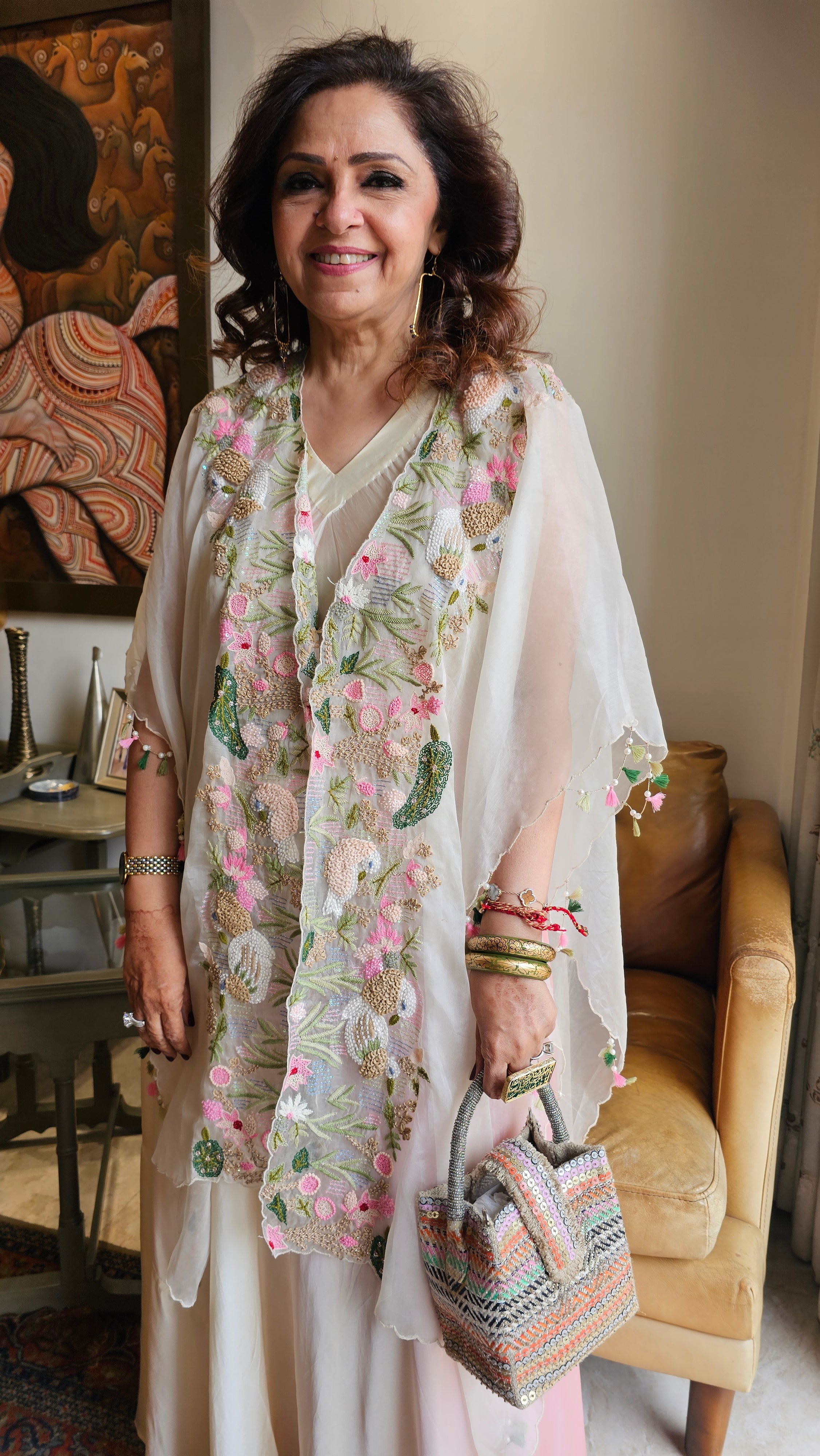 Beautiful Blush Pink Satin Hand Embroidered Dress With Pure Organza Cape