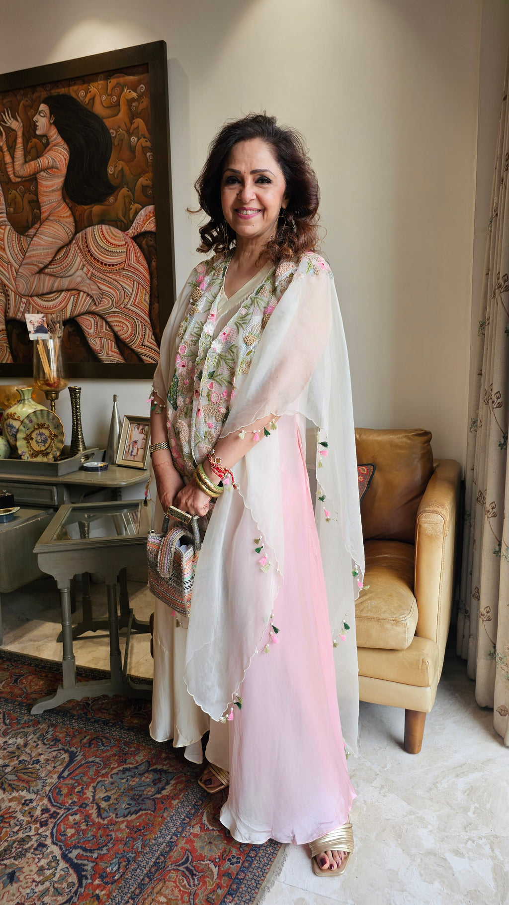 Beautiful Blush Pink Satin Hand Embroidered Dress With Pure Organza Cape