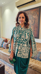 Adorable Emerald Green Silk Parsi Hand embroidery with hand embroidered Bead work cape with satin Drape Skirt