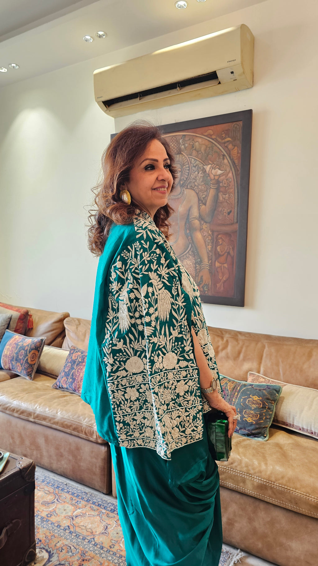 Adorable Emerald Green Silk Parsi Hand embroidery with hand embroidered Bead work cape with satin Drape Skirt