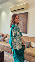 Adorable Emerald Green Silk Parsi Hand embroidery with hand embroidered Bead work cape with satin Drape Skirt