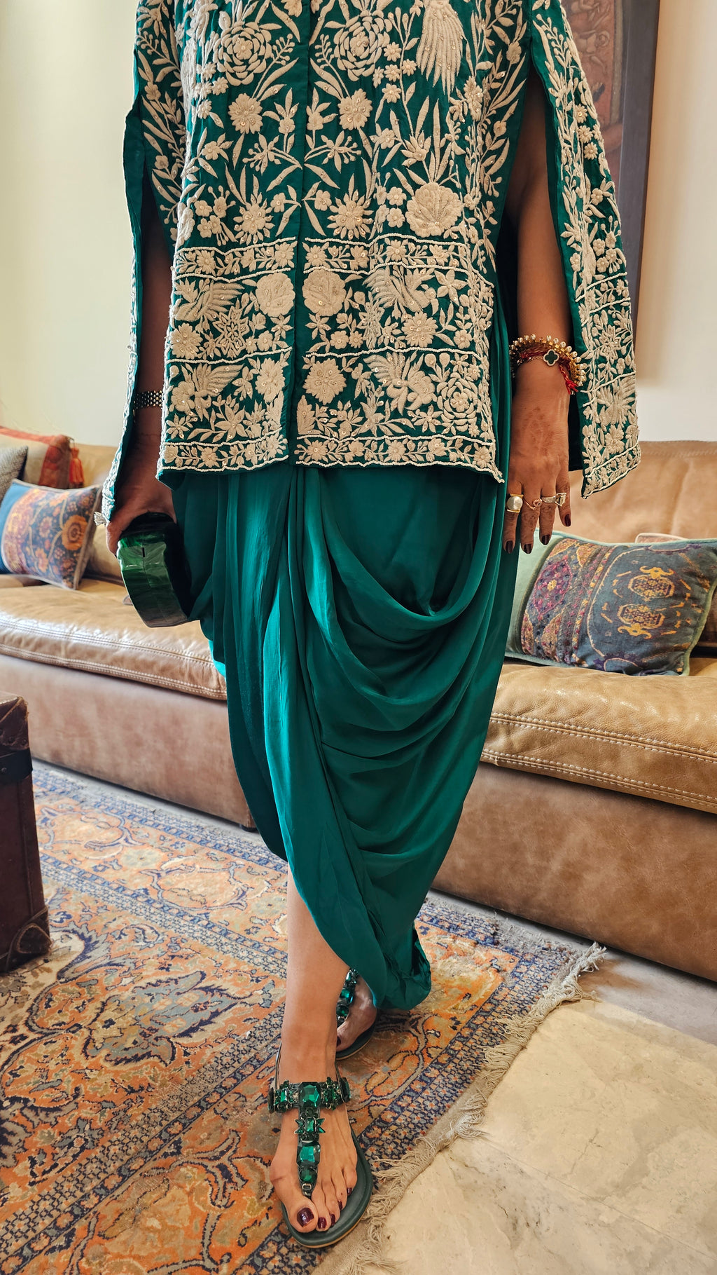 Adorable Emerald Green Silk Parsi Hand embroidery with hand embroidered Bead work cape with satin Drape Skirt