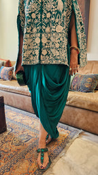 Adorable Emerald Green Silk Parsi Hand embroidery with hand embroidered Bead work cape with satin Drape Skirt