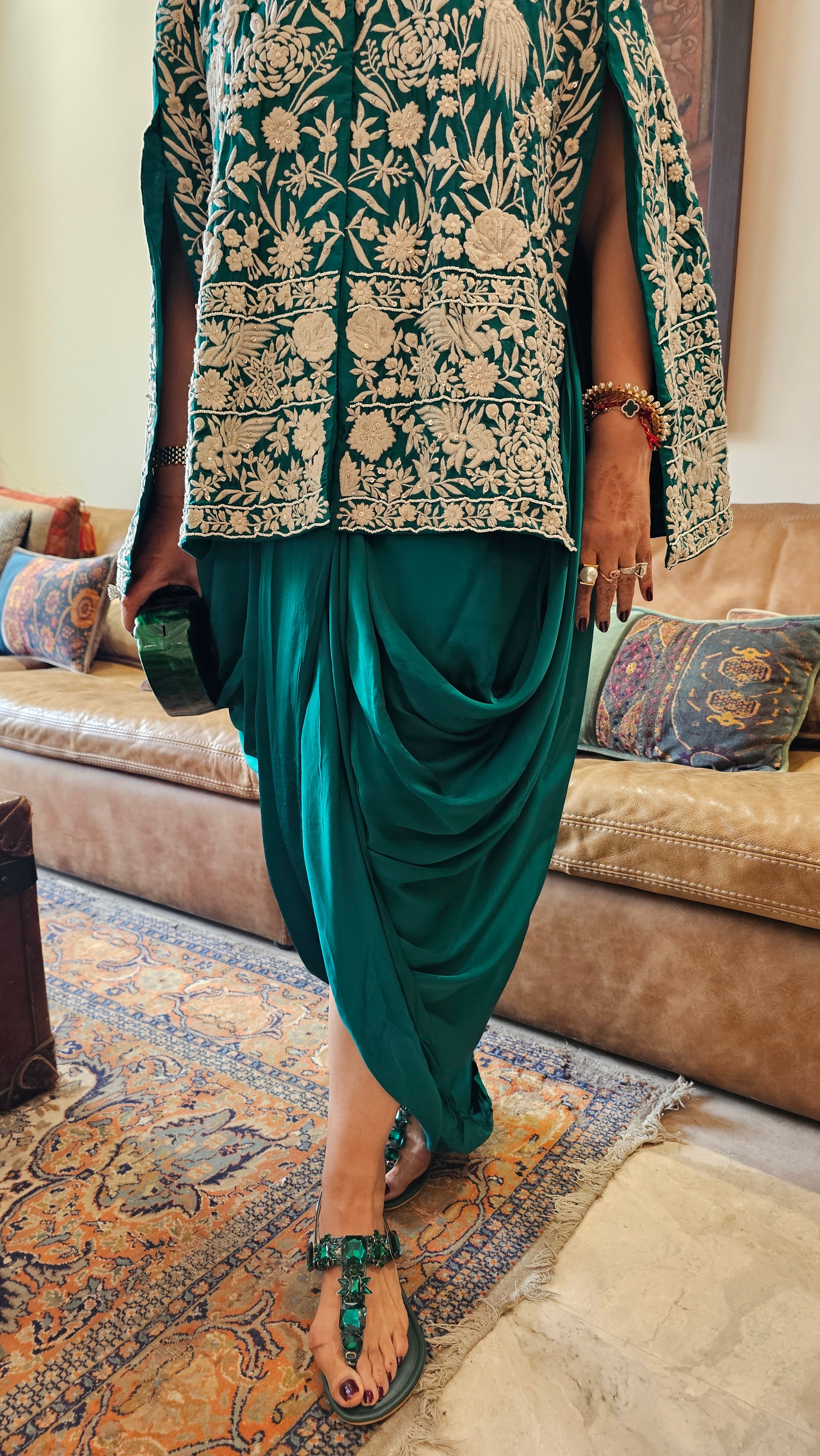 Adorable Emerald Green Silk Parsi Hand embroidery with hand embroidered Bead work cape with satin Drape Skirt