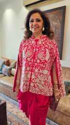 Adorable Fuchsia Pink Silk Parsi Hand embroidery with hand embroidered Bead work cape with satin Drape Skirt