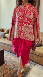 Adorable Fuchsia Pink Silk Parsi Hand embroidery with hand embroidered Bead work cape with satin Drape Skirt