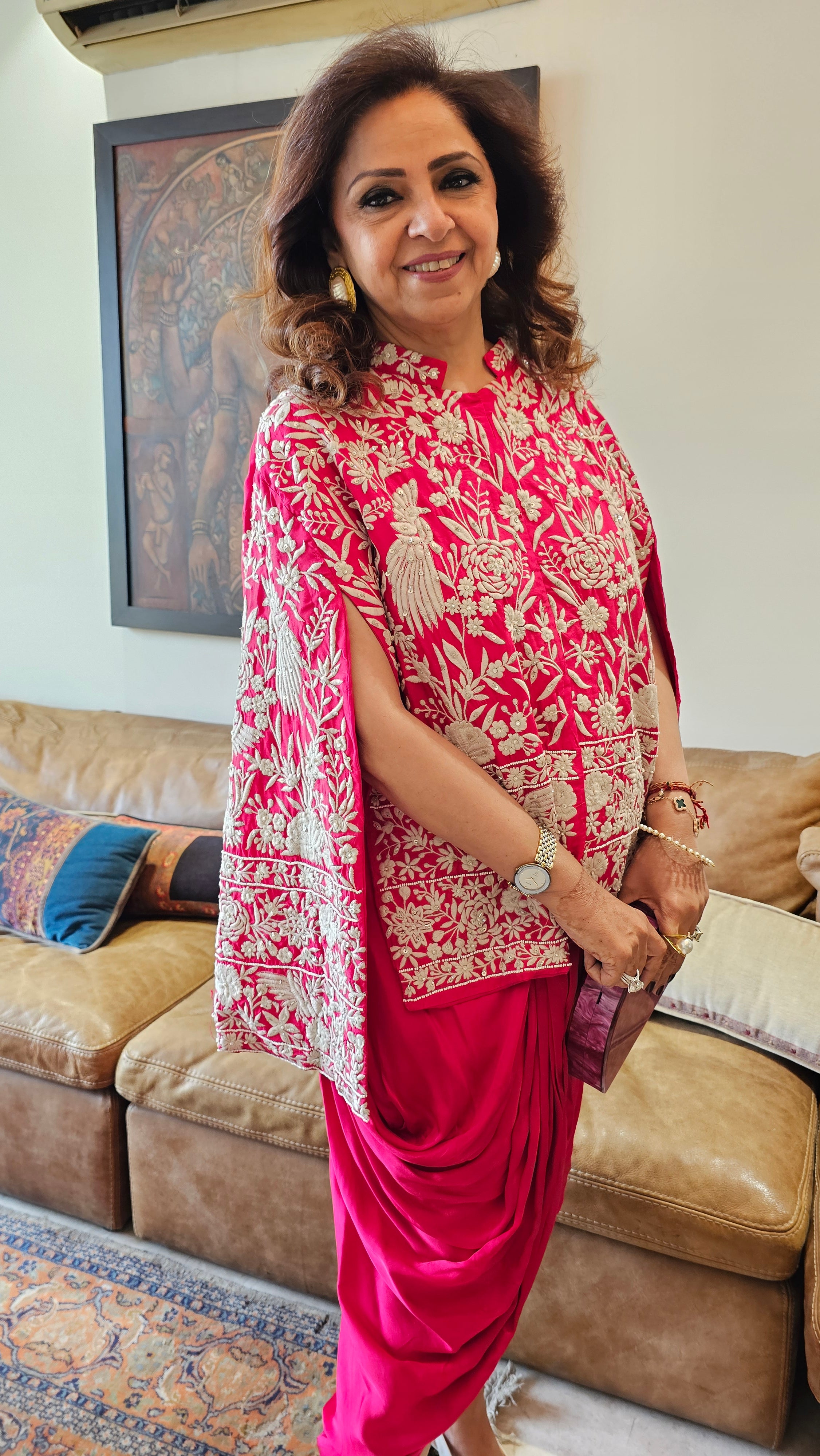 Adorable Fuchsia Pink Silk Parsi Hand embroidery with hand embroidered Bead work cape with satin Drape Skirt