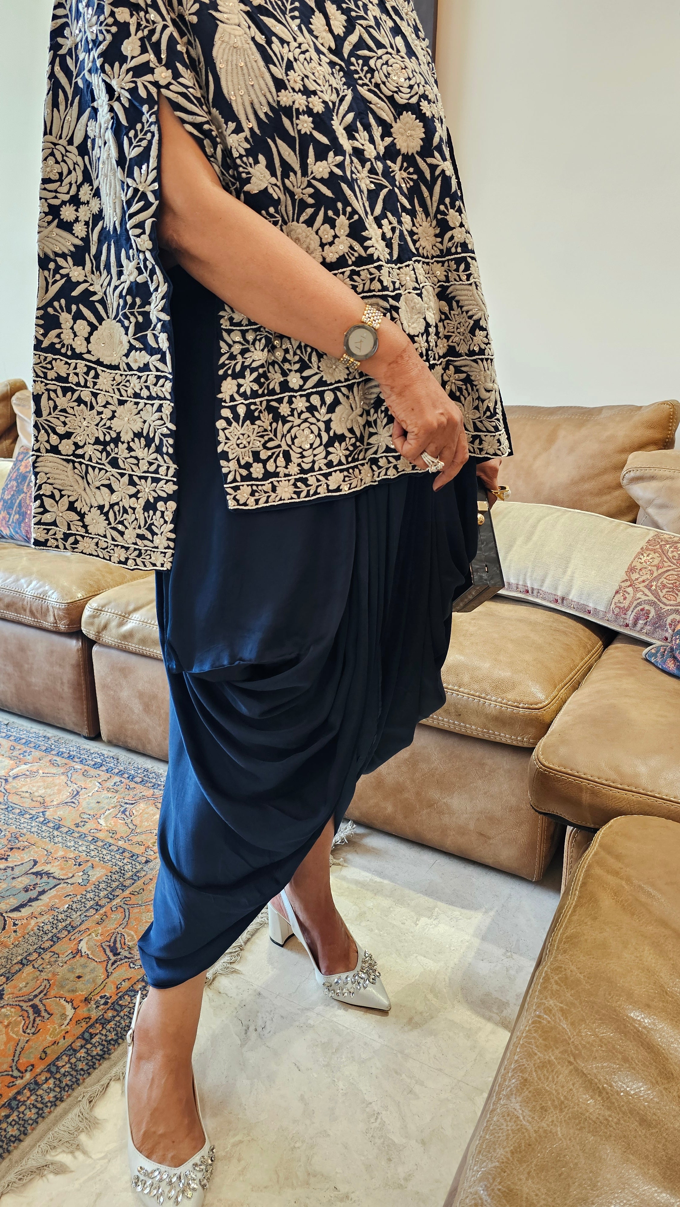 Adorable Midnight Blue Parsi Hand embroidery with Hand Embroidered Bead Work cape with satin Drape Skirt