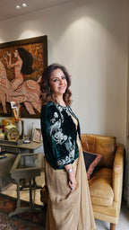 Beautiful Emerald Green 3 Piece Formal Outfit in Tissue Drape Skirt and Tissue Bustier With A Short Velvet Jacket Complete With Hand Embroidery