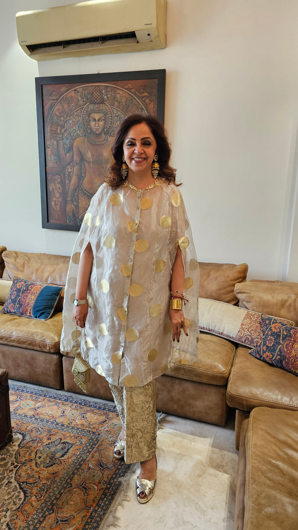 Exquisite Banarasi Organza 3-Piece Outfit featuring Satin Slip, Banarasi Pants, Polki Dot Organza Top & Jewelled Neck Embellishment