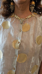 Exquisite Banarasi Organza 3-Piece Outfit featuring Satin Slip, Banarasi Pants, Polki Dot Organza Top & Jewelled Neck Embellishment