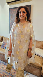 Exquisite Banarasi Organza 3-Piece Outfit featuring Satin Slip, Banarasi Pants, Polki Dot Organza Top & Jewelled Neck Embellishment