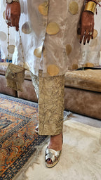 Exquisite Banarasi Organza 3-Piece Outfit featuring Satin Slip, Banarasi Pants, Polki Dot Organza Top & Jewelled Neck Embellishment