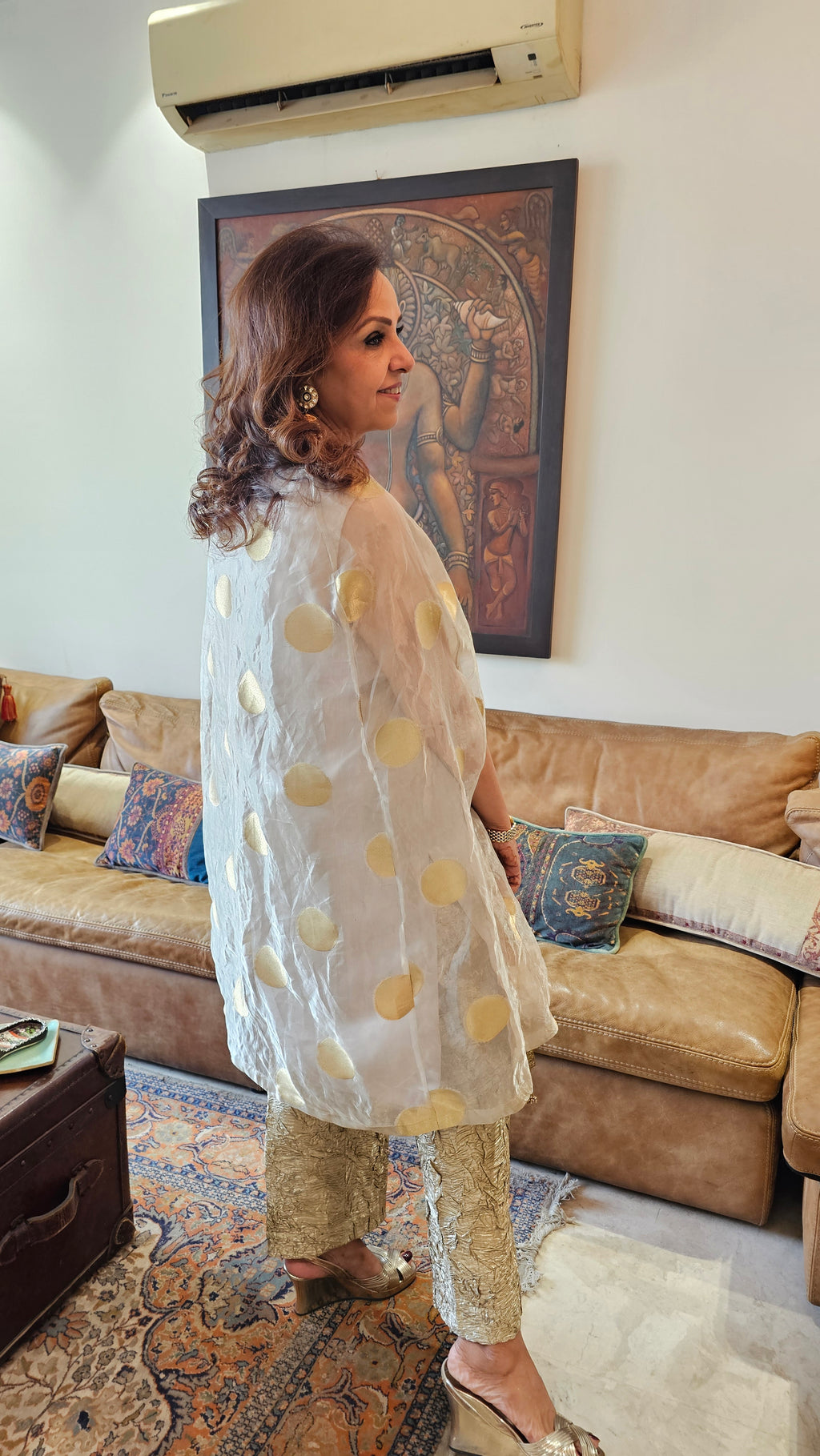 Exquisite Banarasi Organza 3-Piece Outfit featuring Satin Slip, Banarasi Pants, Polki Dot Organza Top & Jewelled Neck Embellishment