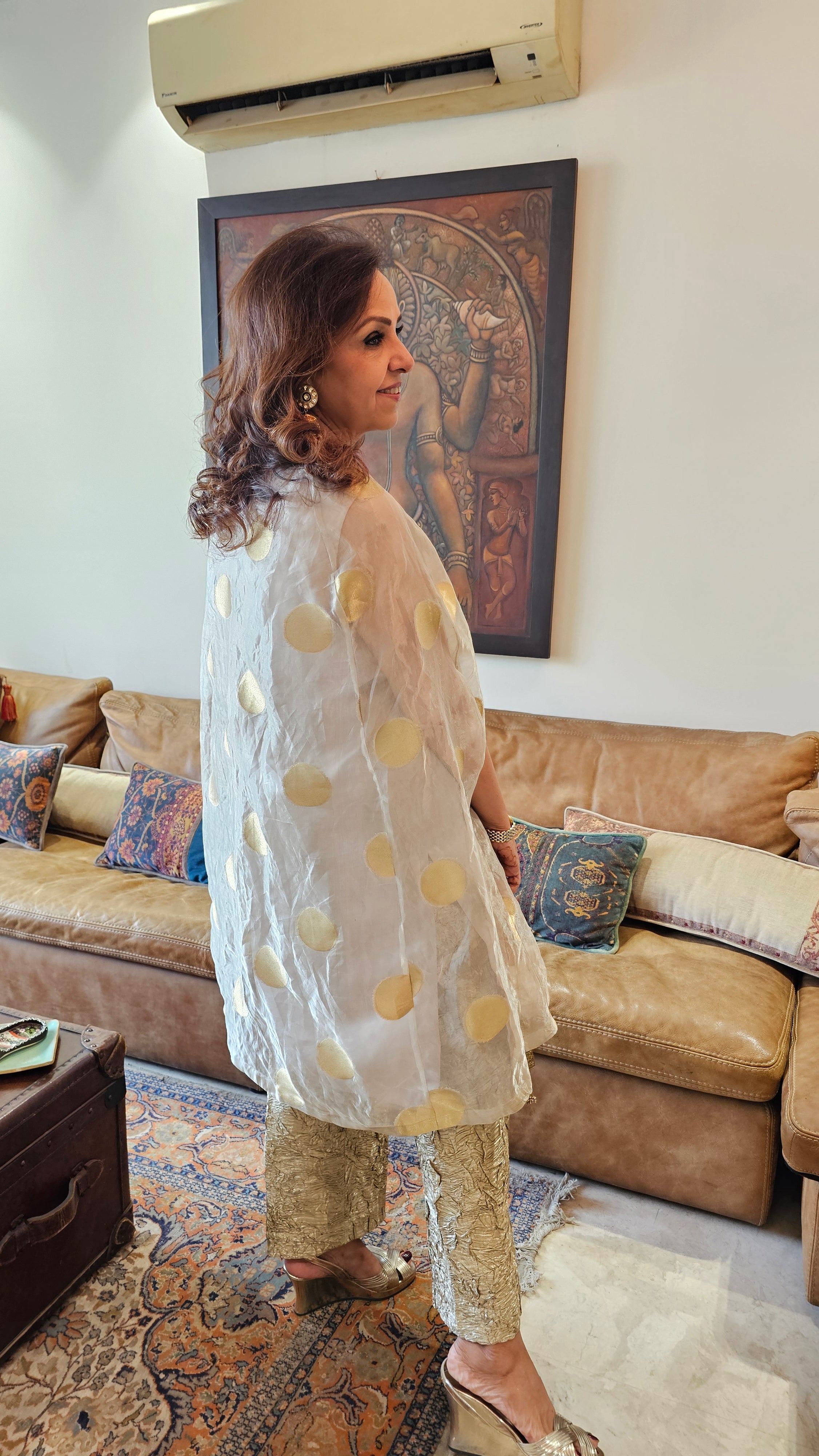 Exquisite Banarasi Organza 3-Piece Outfit featuring Satin Slip, Banarasi Pants, Polki Dot Organza Top & Jewelled Neck Embellishment