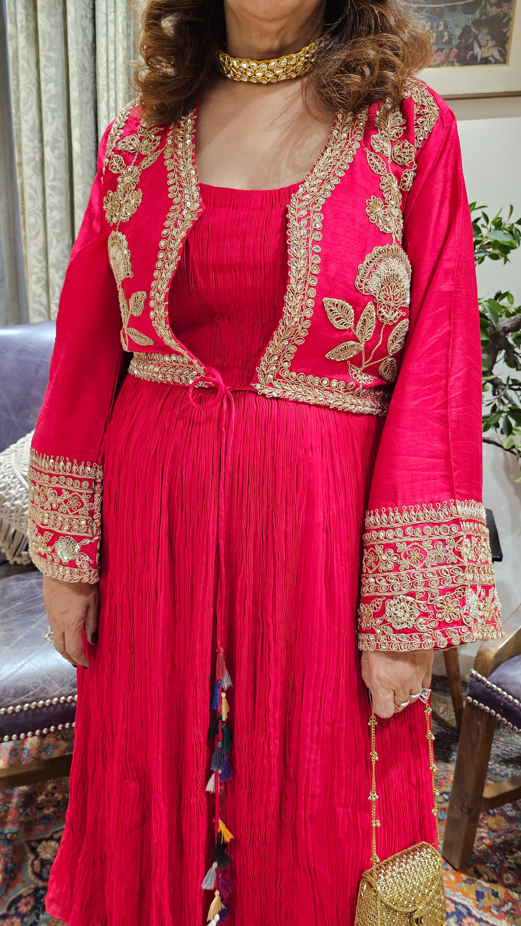 A Beautiful Red Silk Jacket Outfit With Heavy Hand Embroidery on it and With Wrinkled Silk Top and Bottom