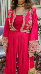 A Beautiful Red Silk Jacket Outfit With Heavy Hand Embroidery on it and With Wrinkled Silk Top and Bottom