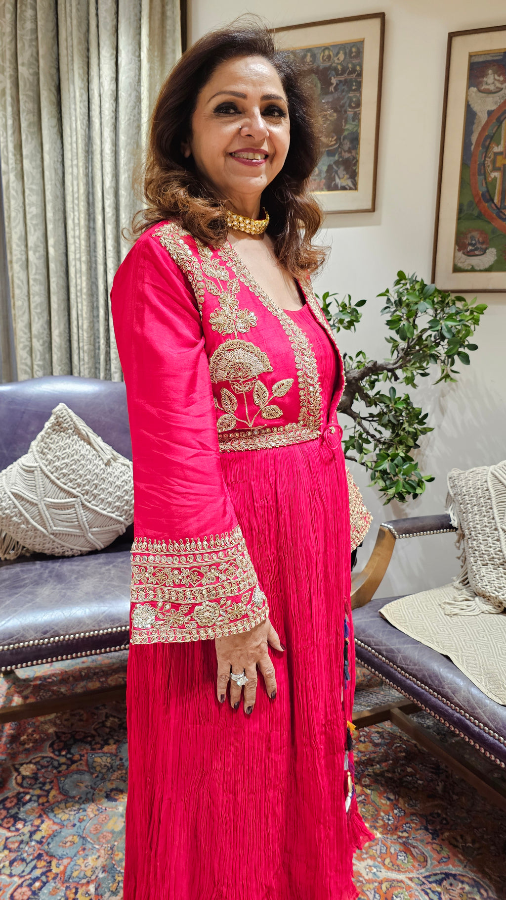 A Beautiful Red Silk Jacket Outfit With Heavy Hand Embroidery on it and With Wrinkled Silk Top and Bottom