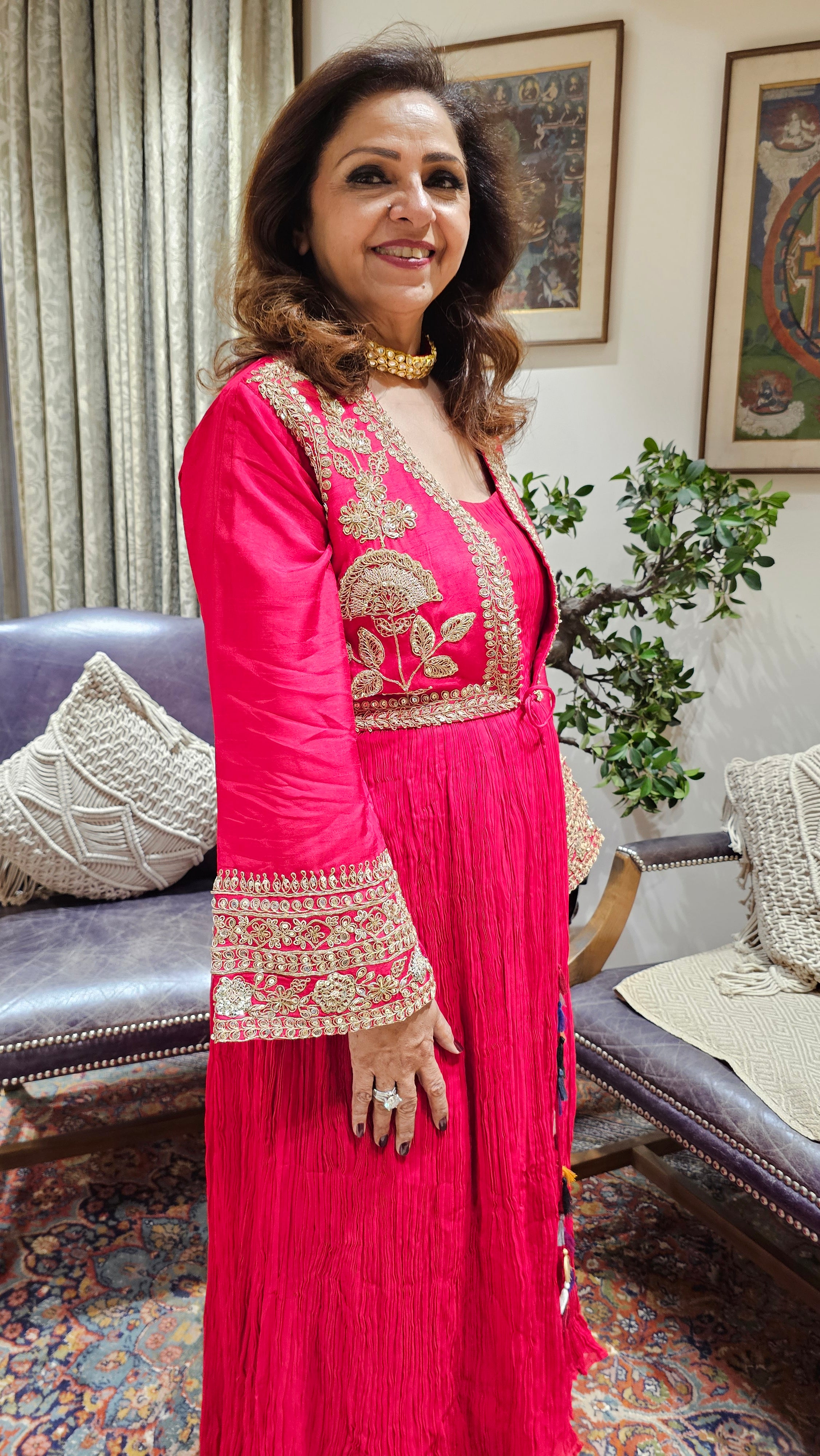 A Beautiful Red Silk Jacket Outfit With Heavy Hand Embroidery on it and With Wrinkled Silk Top and Bottom