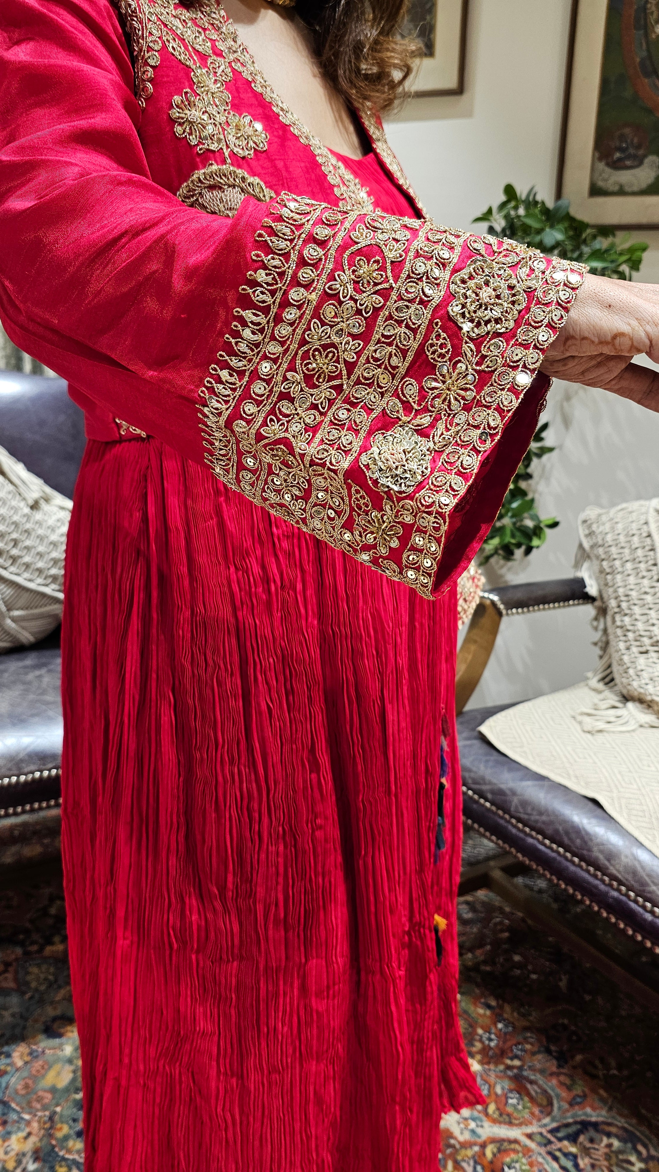 A Beautiful Red Silk Jacket Outfit With Heavy Hand Embroidery on it and With Wrinkled Silk Top and Bottom