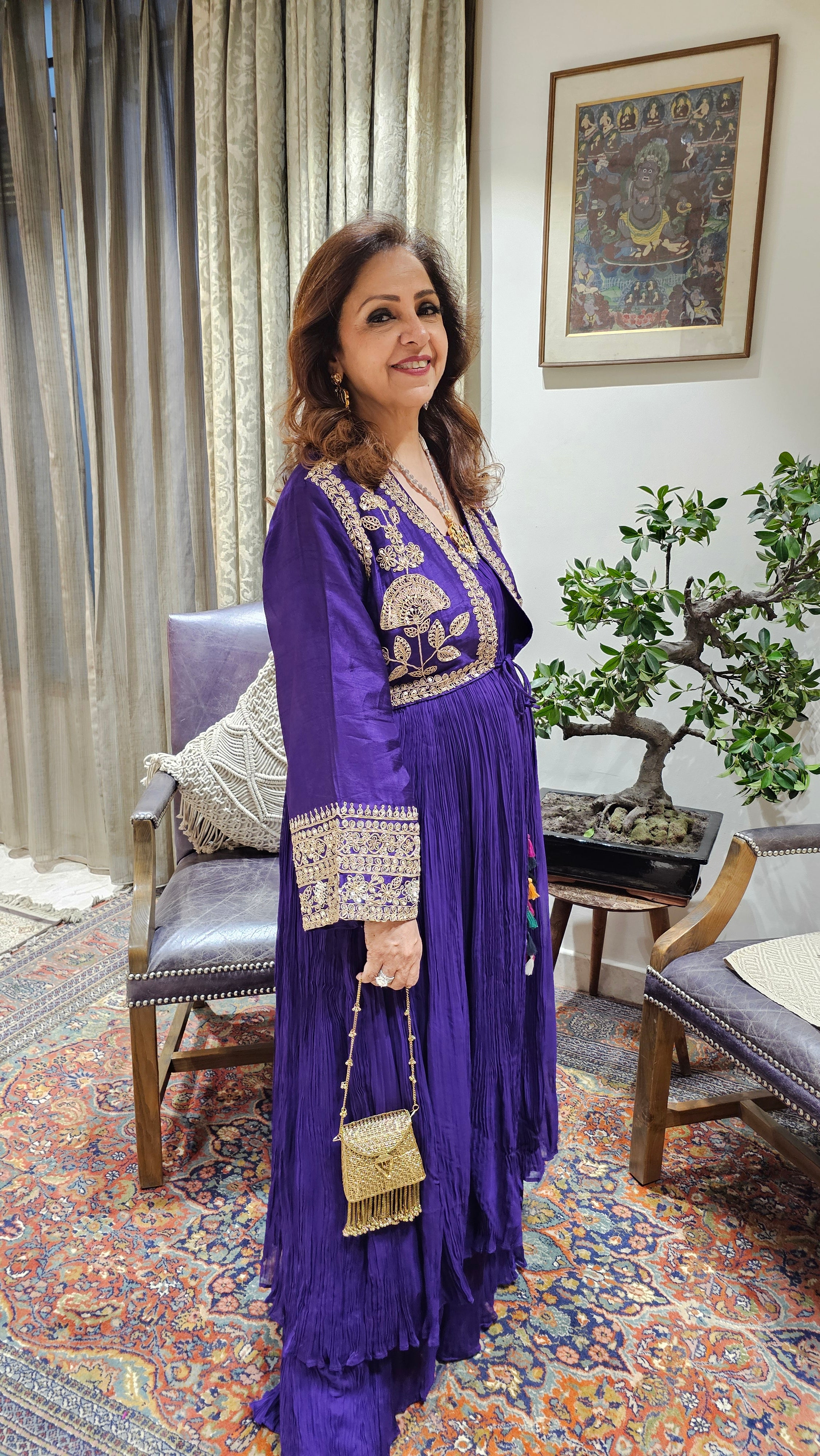 A Beautiful Purple Silk Jacket Outfit With Heavy Hand Embroidery on it and With Wrinkled Silk Top and Bottom