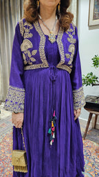 A Beautiful Purple Silk Jacket Outfit With Heavy Hand Embroidery on it and With Wrinkled Silk Top and Bottom