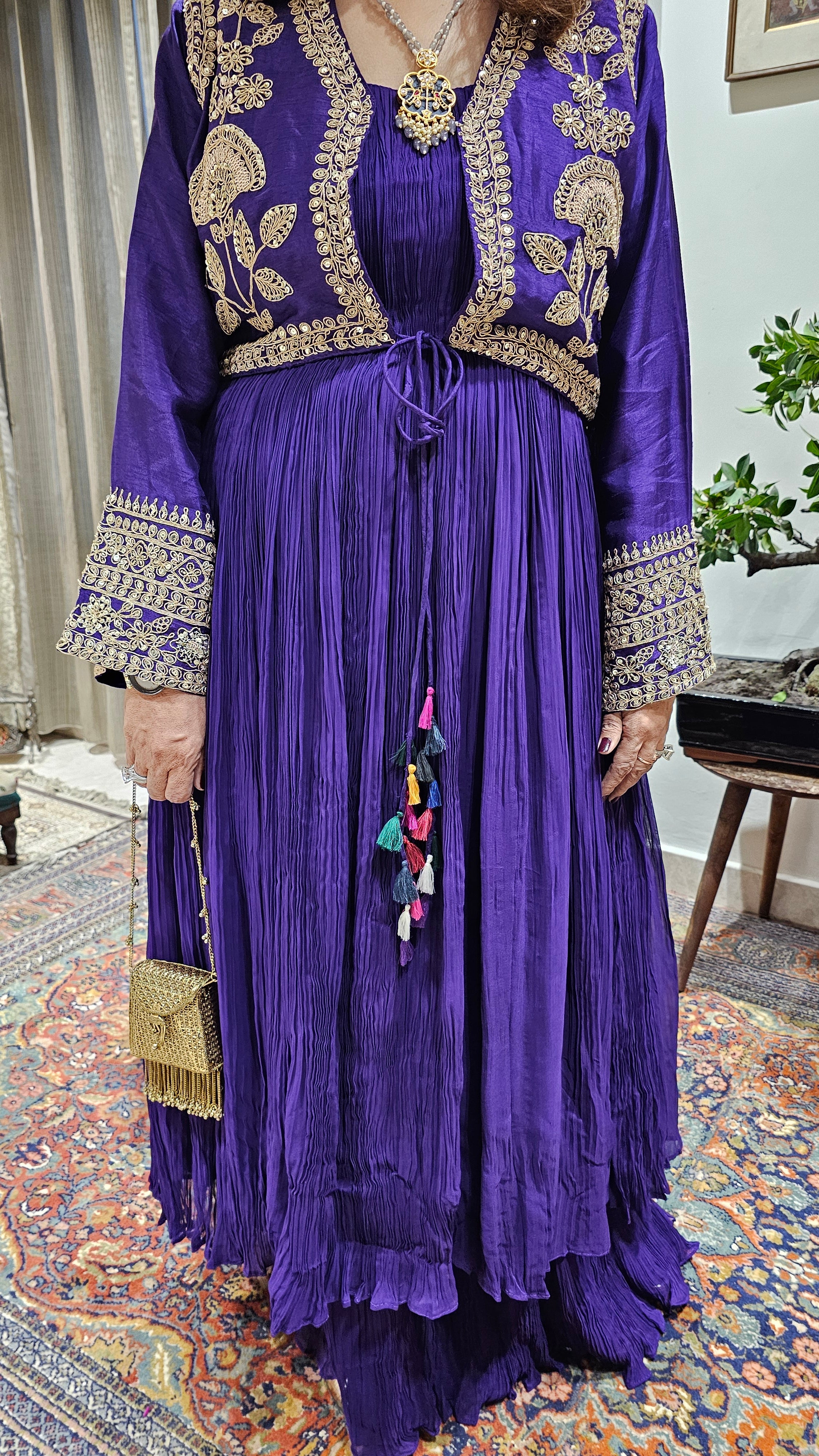 A Beautiful Purple Silk Jacket Outfit With Heavy Hand Embroidery on it and With Wrinkled Silk Top and Bottom