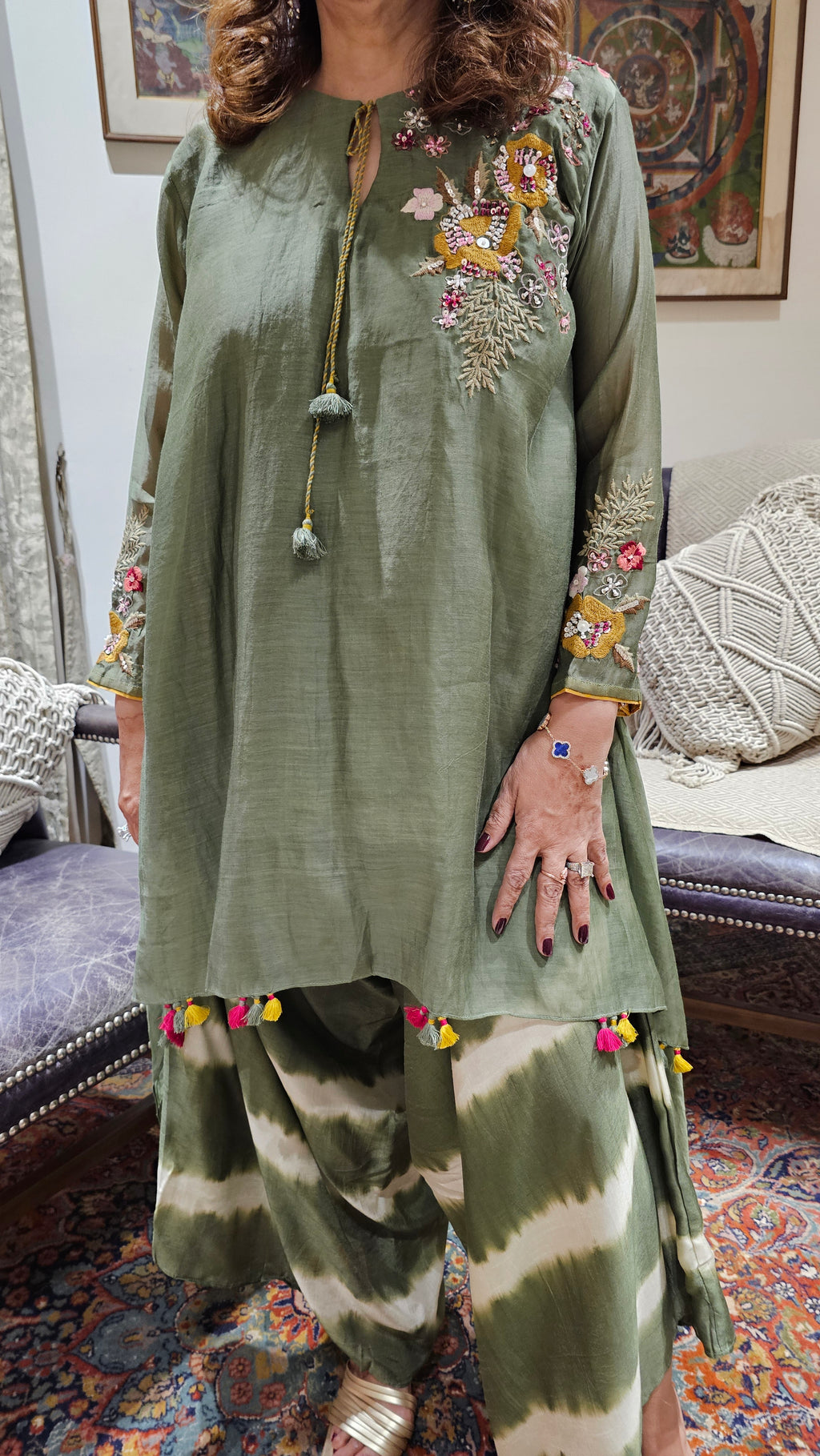 Asymmetric Kurta in Pure Mul Chanderi With Silk Tie and Dye Boho Pants