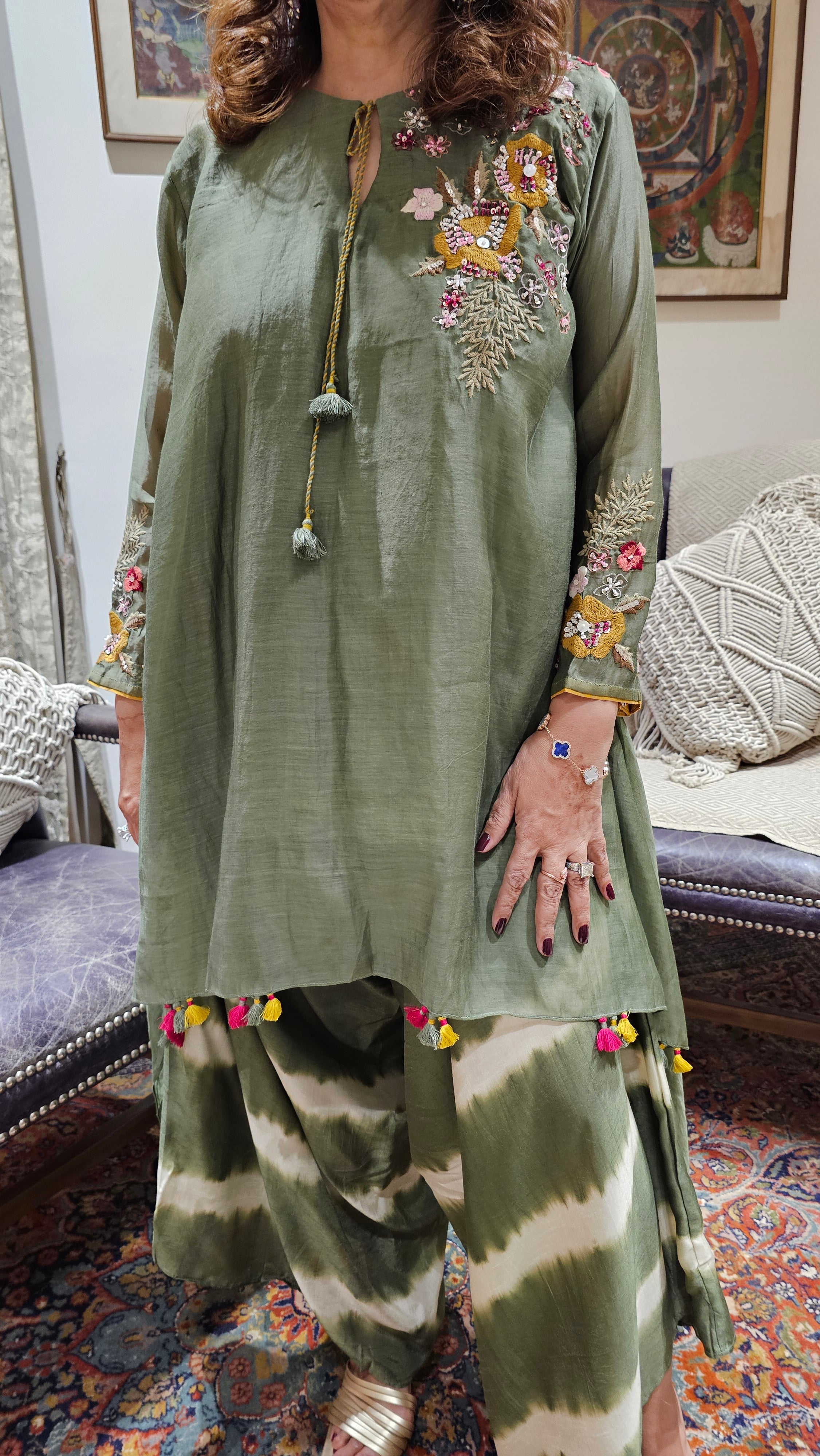 Asymmetric Kurta in Pure Mul Chanderi With Silk Tie and Dye Boho Pants