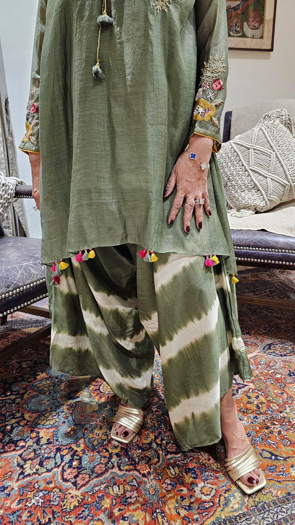 Asymmetric Kurta in Pure Mul Chanderi With Silk Tie and Dye Boho Pants