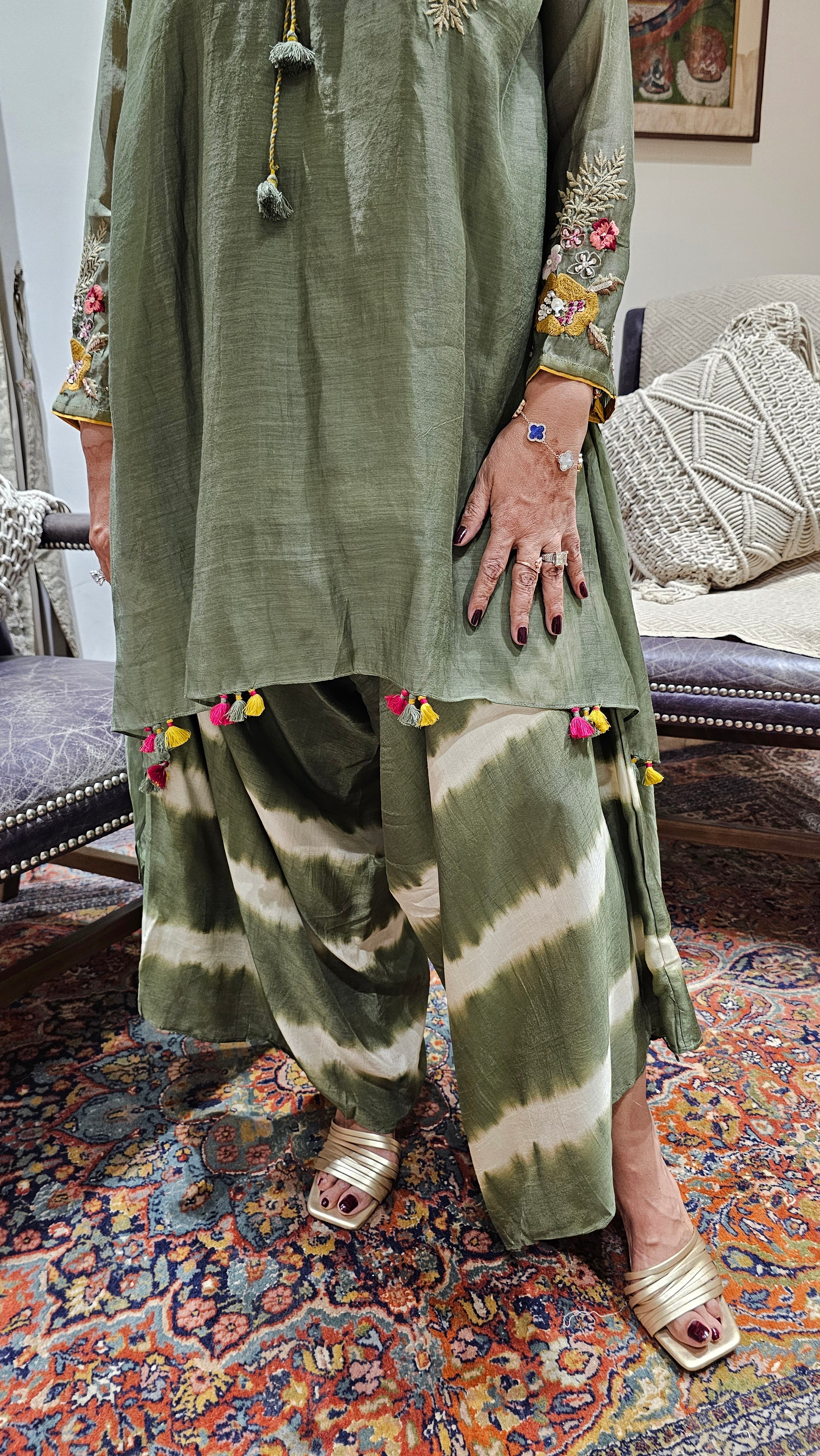 Asymmetric Kurta in Pure Mul Chanderi With Silk Tie and Dye Boho Pants