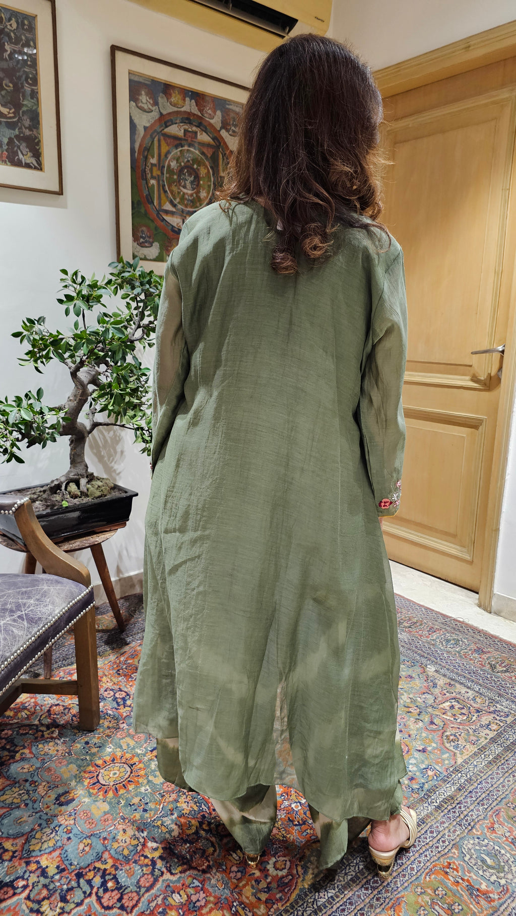 Asymmetric Kurta in Pure Mul Chanderi With Silk Tie and Dye Boho Pants