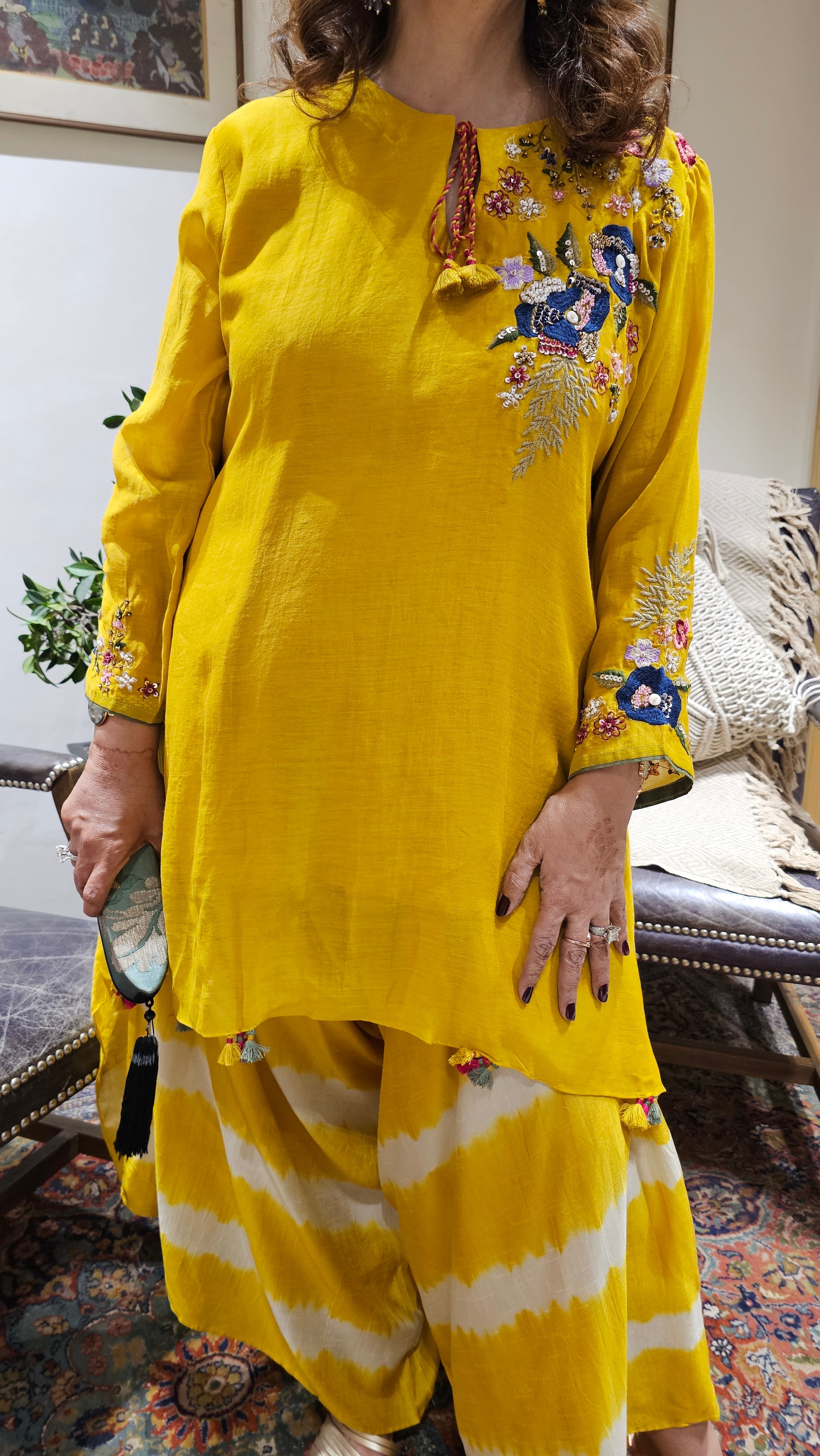 Asymmetric Kurta in Pure Mul Chanderi With Silk Tie and Dye Boho Pants