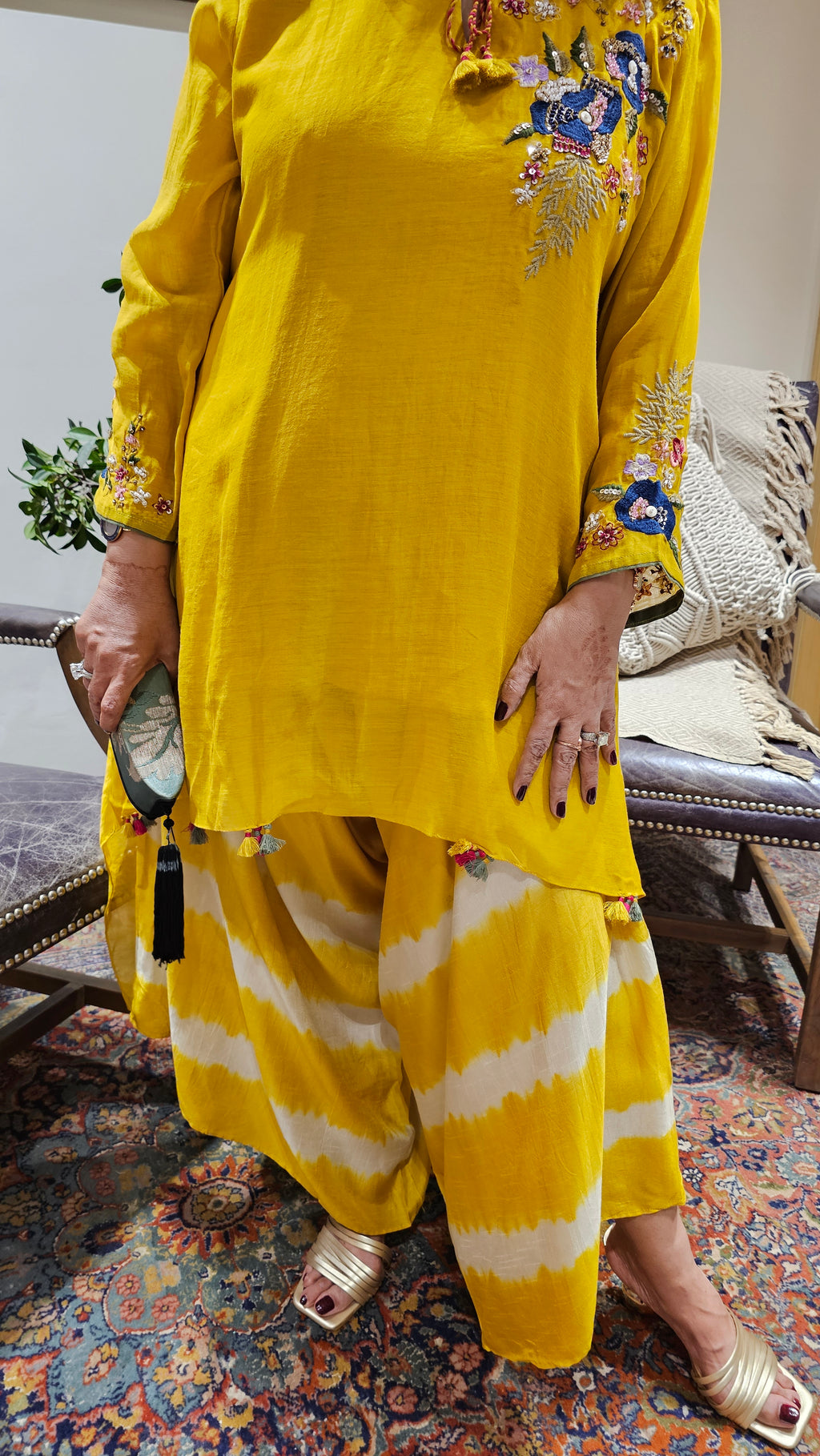 Asymmetric Kurta in Pure Mul Chanderi With Silk Tie and Dye Boho Pants
