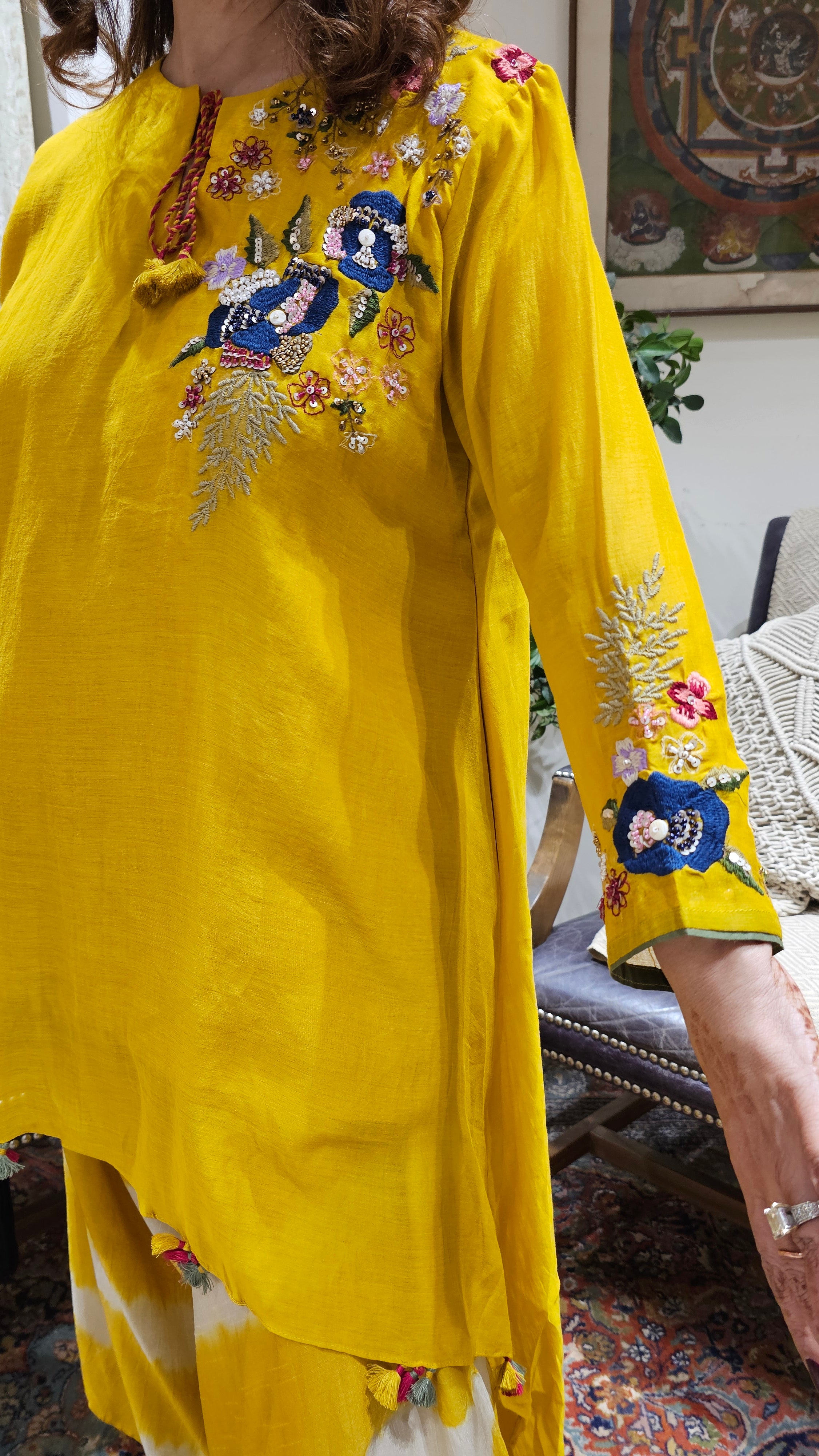 Asymmetric Kurta in Pure Mul Chanderi With Silk Tie and Dye Boho Pants