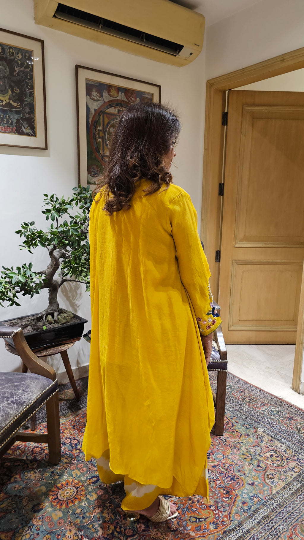 Asymmetric Kurta in Pure Mul Chanderi With Silk Tie and Dye Boho Pants