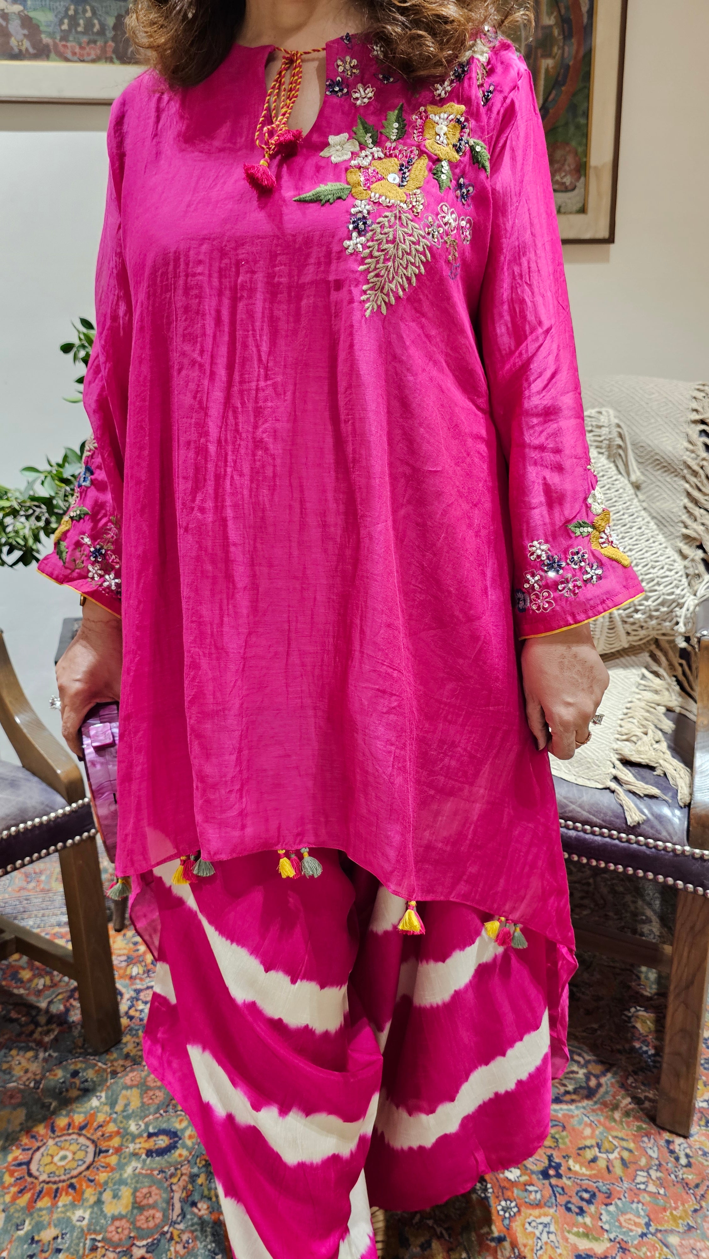Asymmetric Kurta in Pure Mul Chanderi With Silk Tie and Dye Boho Pants