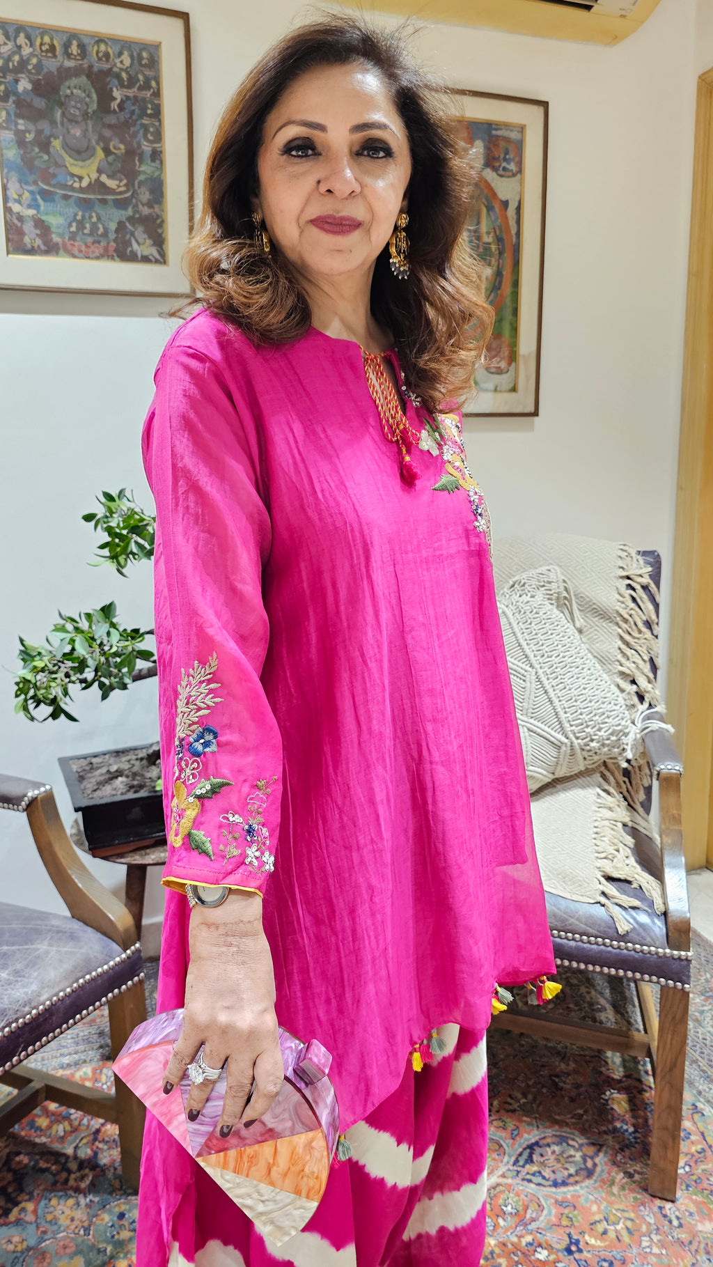 Asymmetric Kurta in Pure Mul Chanderi With Silk Tie and Dye Boho Pants