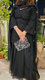 Black Gharara 3 Piece Set in Pure Organza With Dori Embroidery and Handwork