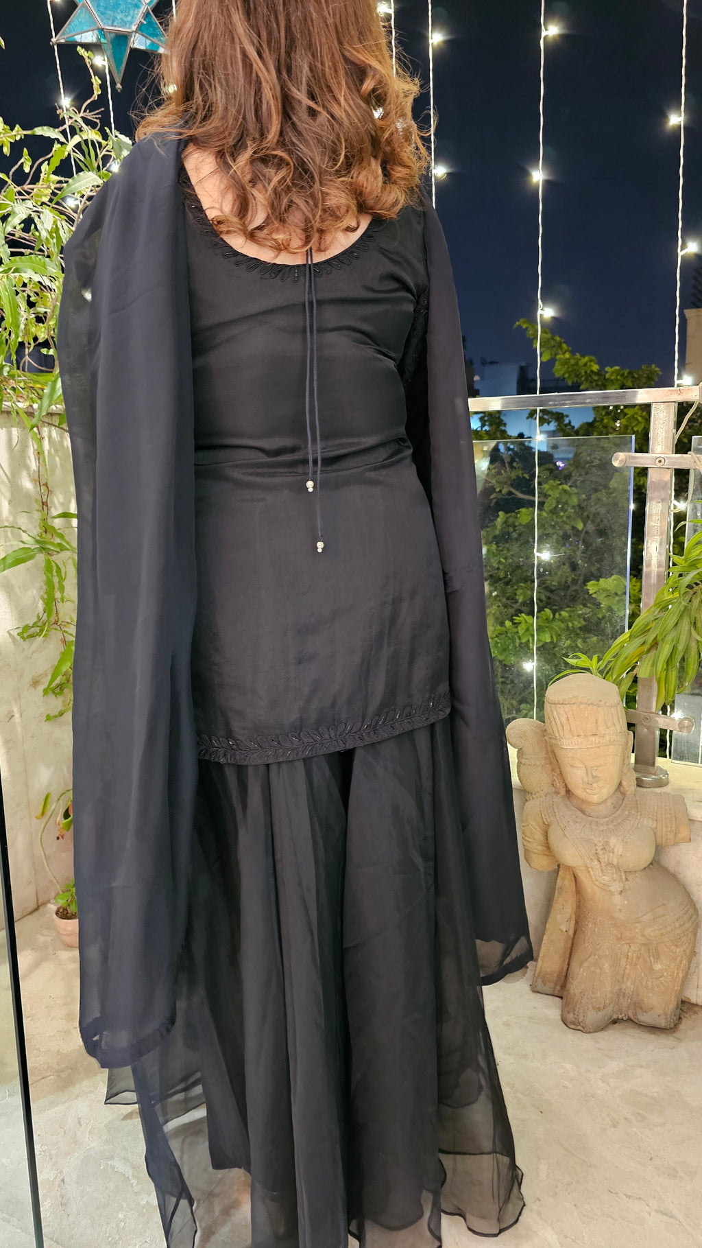 Black Gharara 3 Piece Set in Pure Organza With Dori Embroidery and Handwork
