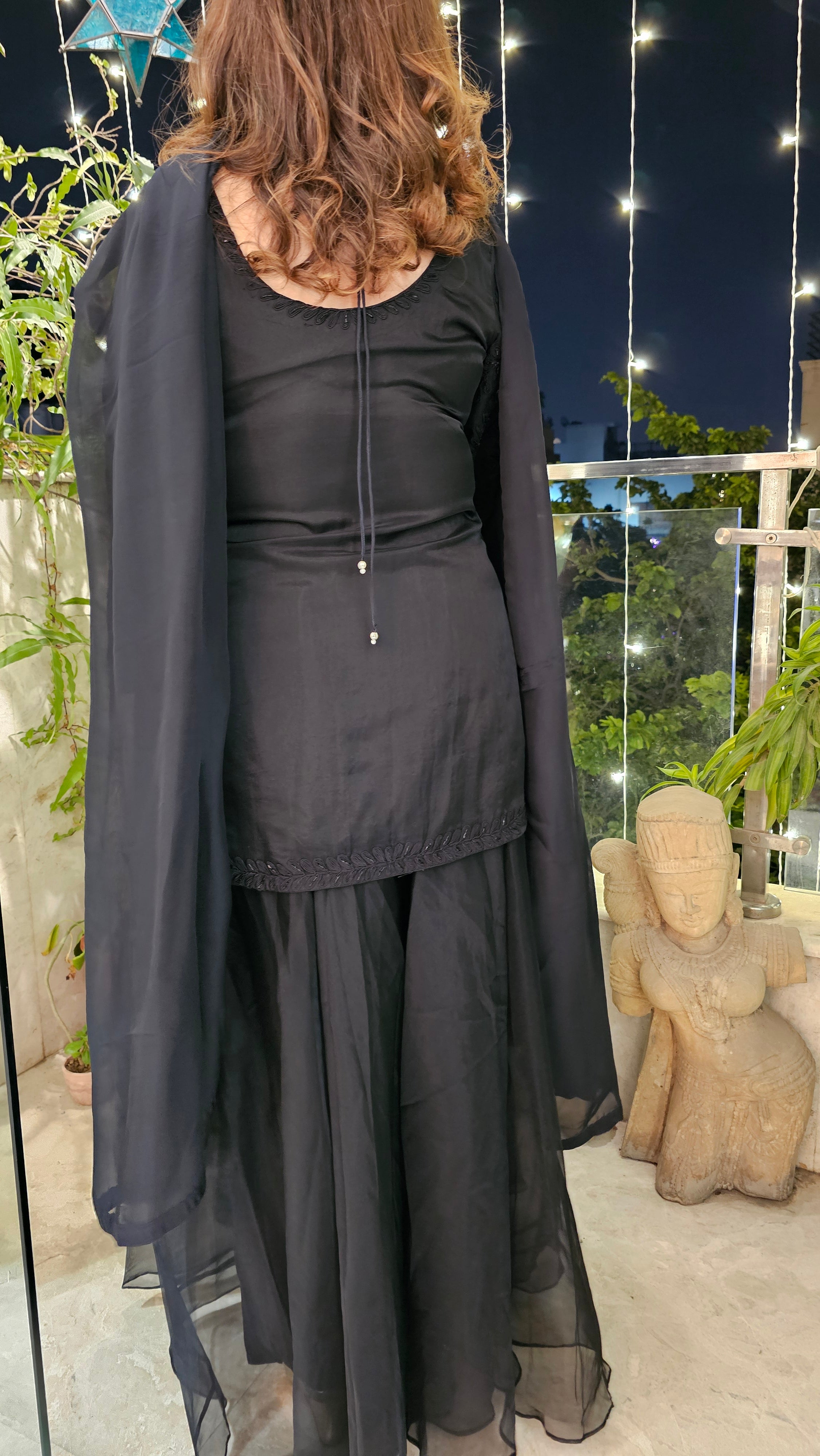 Black Gharara 3 Piece Set in Pure Organza With Dori Embroidery and Handwork