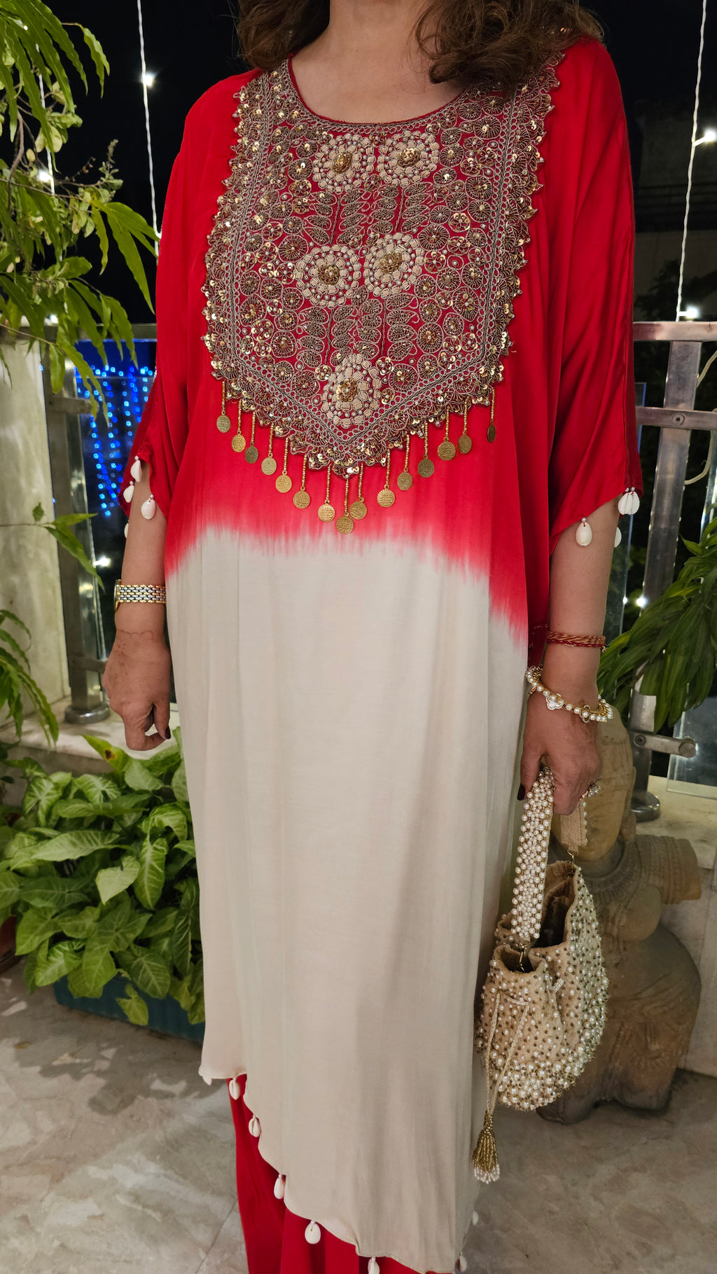 Red Satin Shirt in Tie n Dye Yoke and Solid Color Bottom Embellished With Hand Embroidery Elaborate Neck