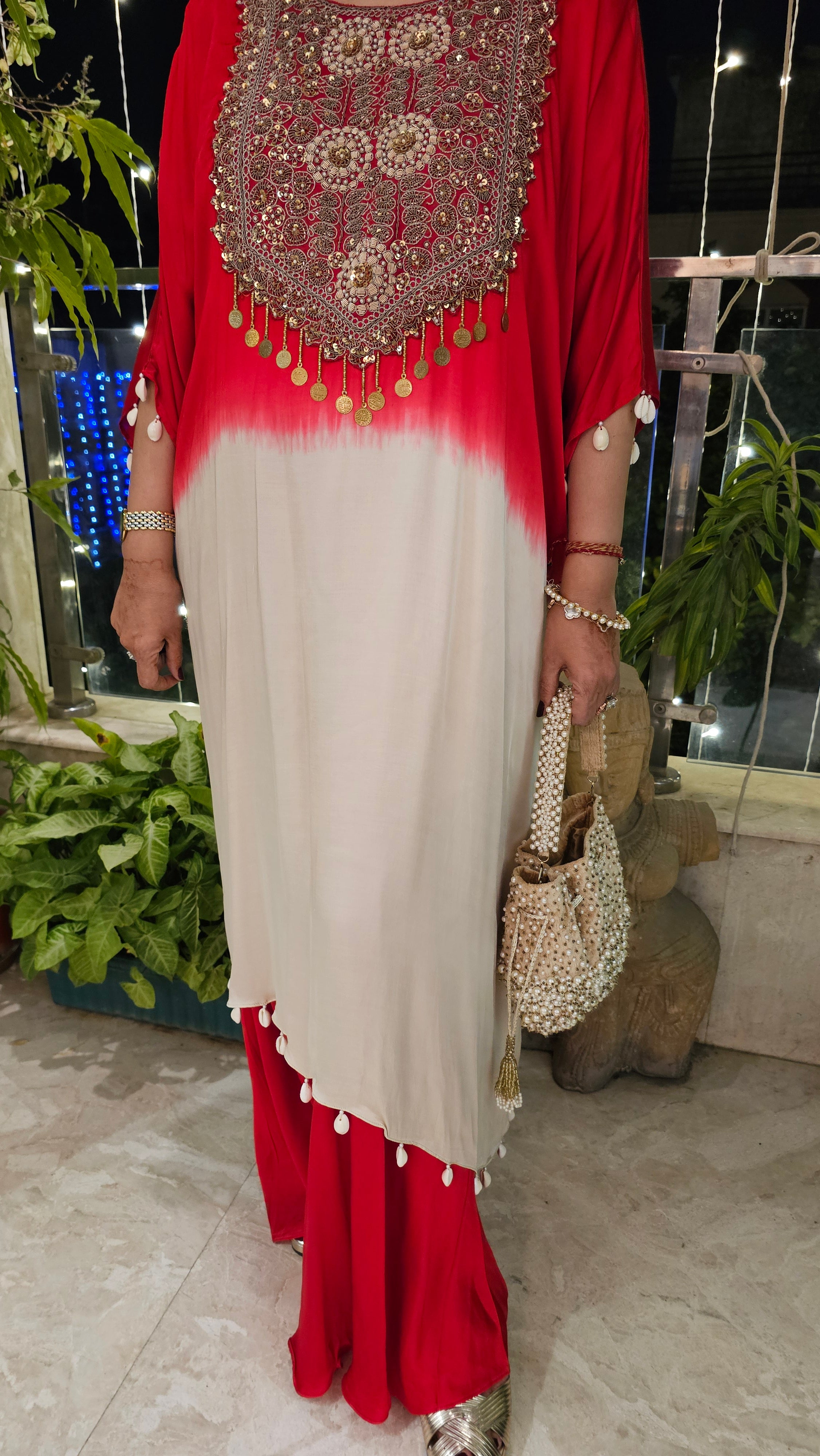 Red Satin Shirt in Tie n Dye Yoke and Solid Color Bottom Embellished With Hand Embroidery Elaborate Neck