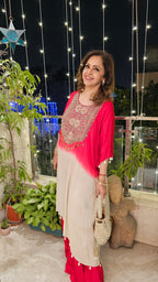 Red Satin Shirt in Tie n Dye Yoke and Solid Color Bottom Embellished With Hand Embroidery Elaborate Neck