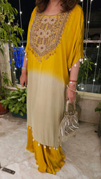 Yellow Satin Shirt in Tie n Dye Yoke and Solid Color Bottom Embellished With Hand Embroidery Elaborate Neck