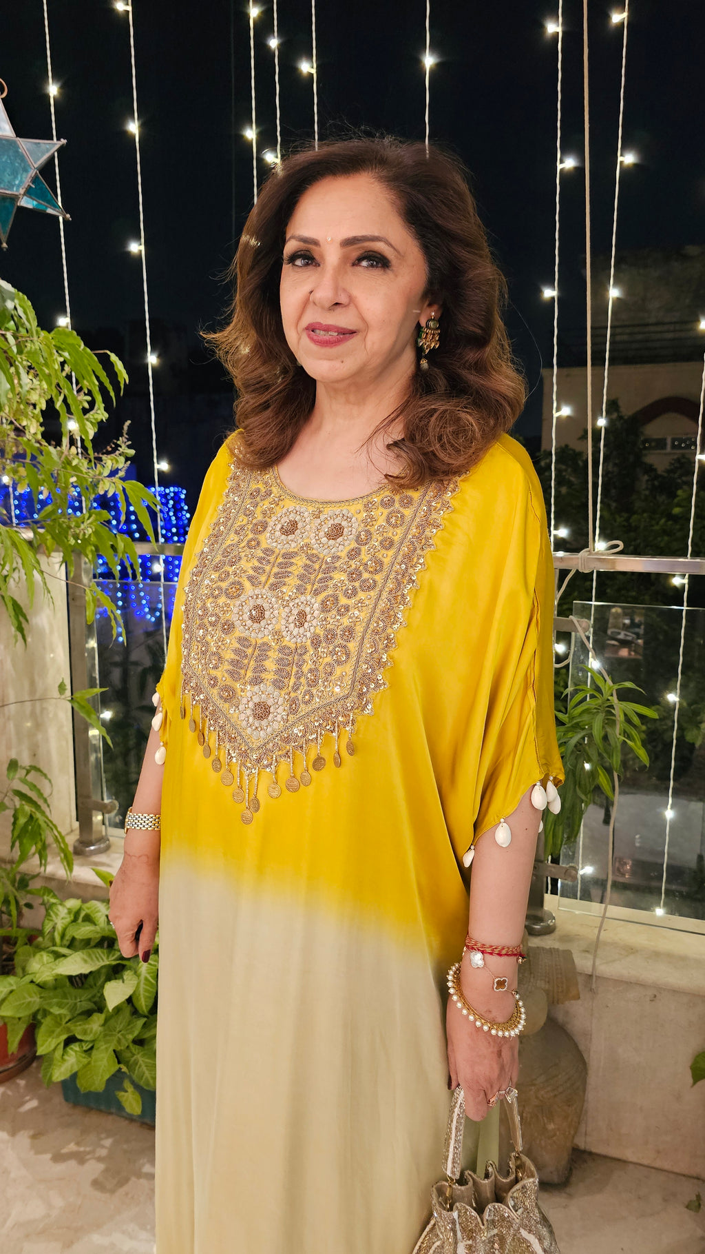 Yellow Satin Shirt in Tie n Dye Yoke and Solid Color Bottom Embellished With Hand Embroidery Elaborate Neck